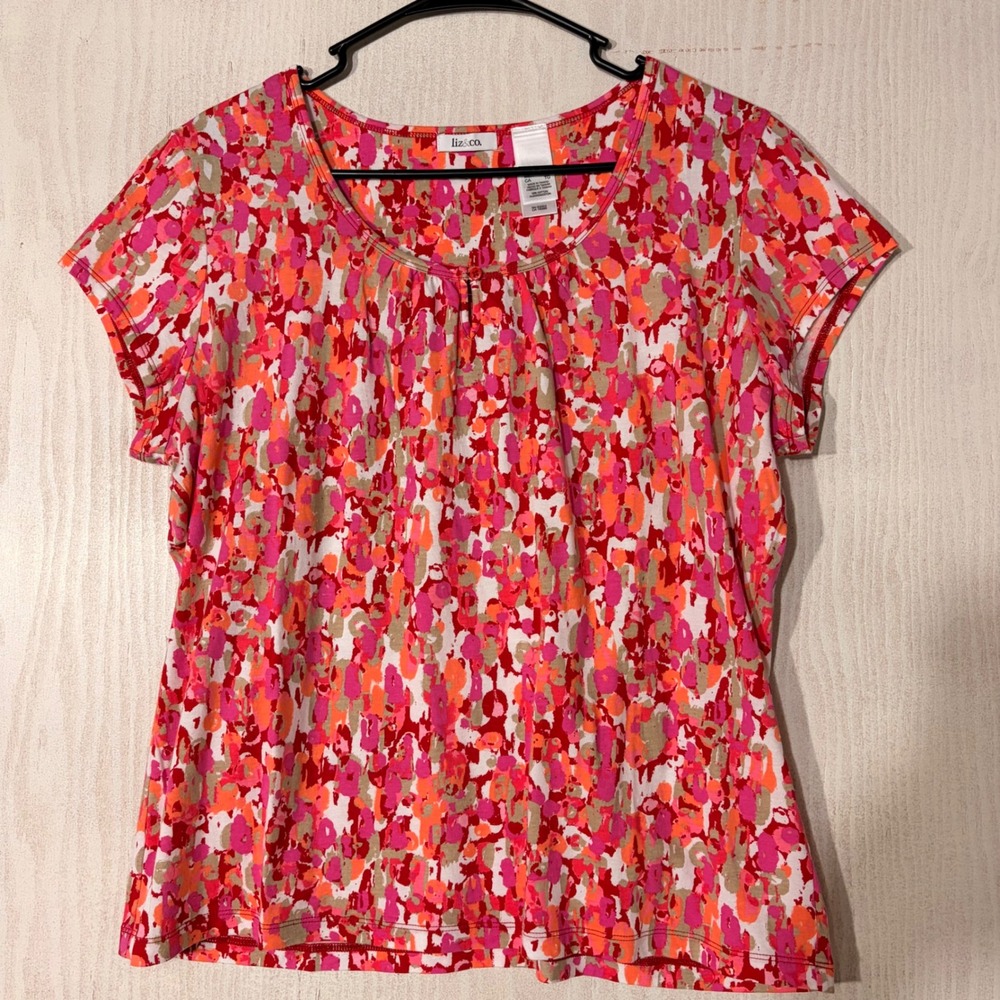 Liz & Co. Blouse Women XL Pink Orange Abstract Cotton Short Sleeve Top
